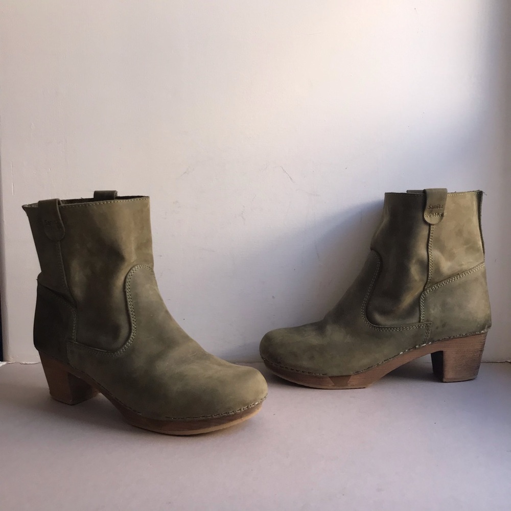 Sanita  Booties EU 41 Juna Green Leather Wooden Clog Slip In Ankle Boots